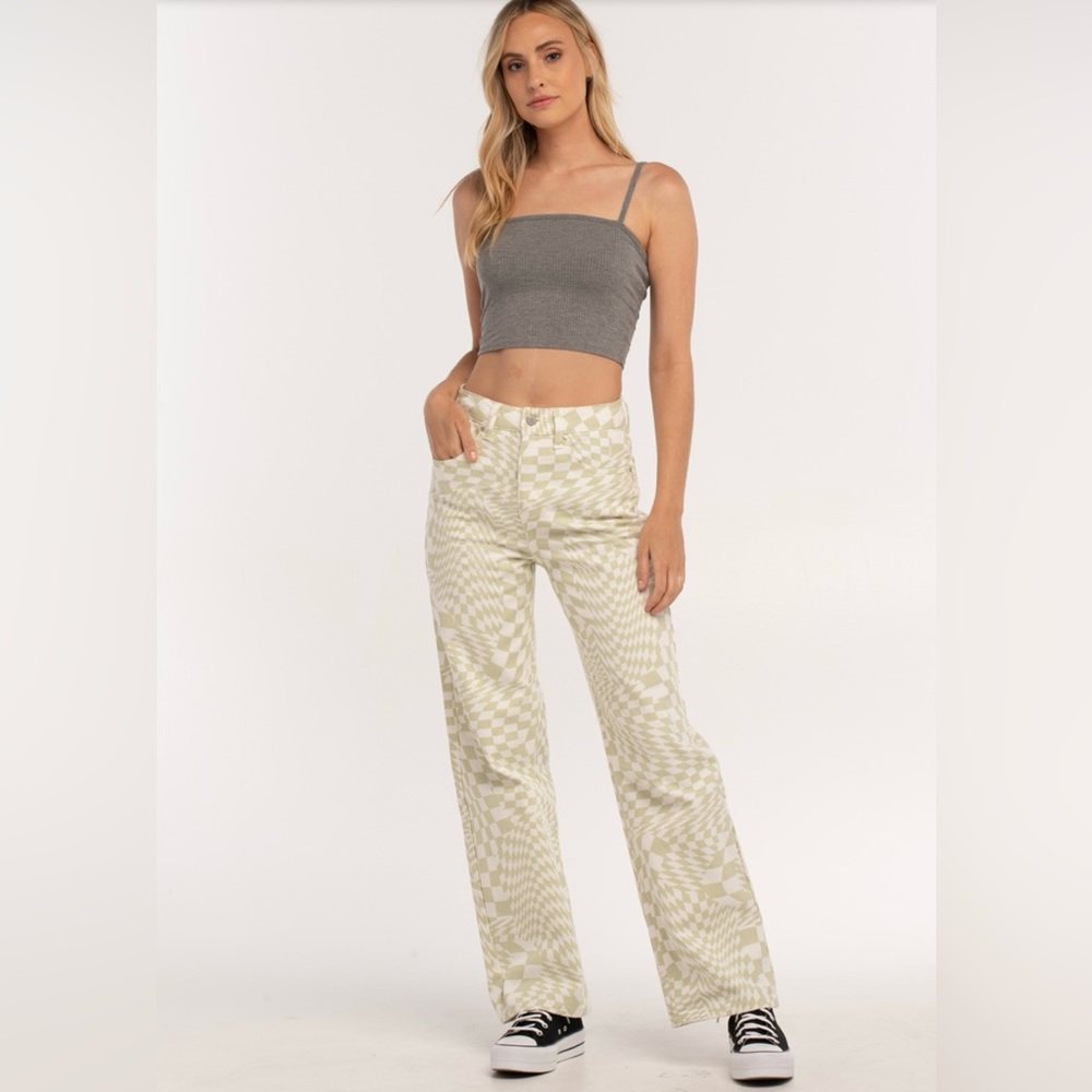 RSQ by Tilly’s Green & Off-White Wavy Check Wide Leg Denim Jeans Size 26